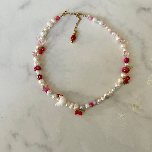 little red hen • half beaded half pearl necklace