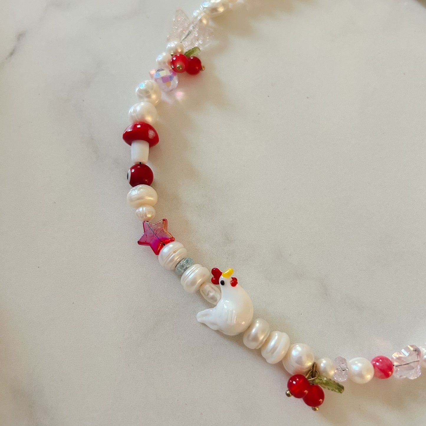little red hen • half beaded half pearl necklace