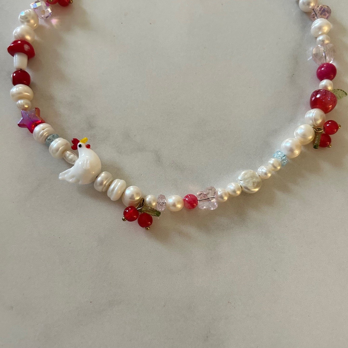 little red hen • half beaded half pearl necklace