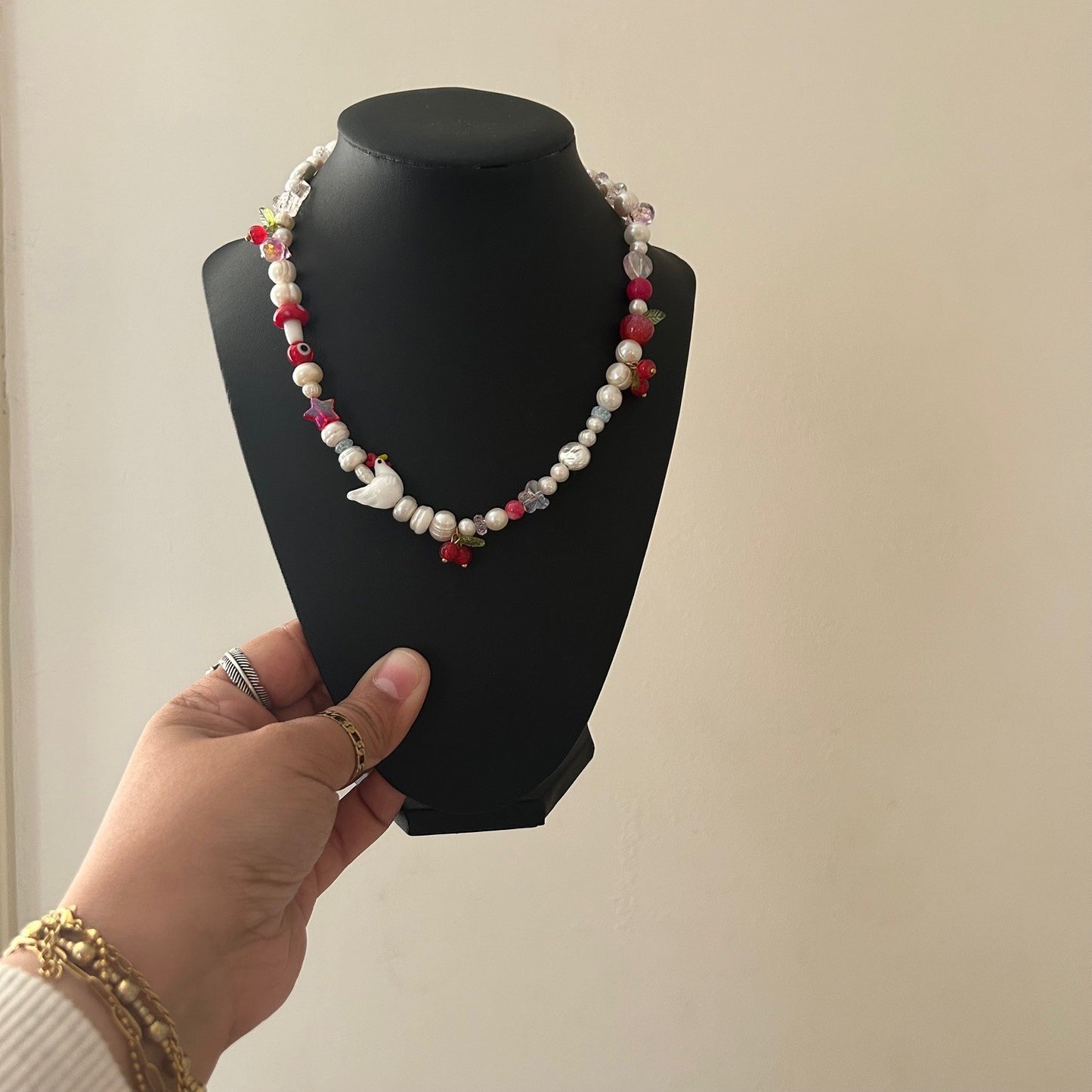 little red hen • half beaded half pearl necklace