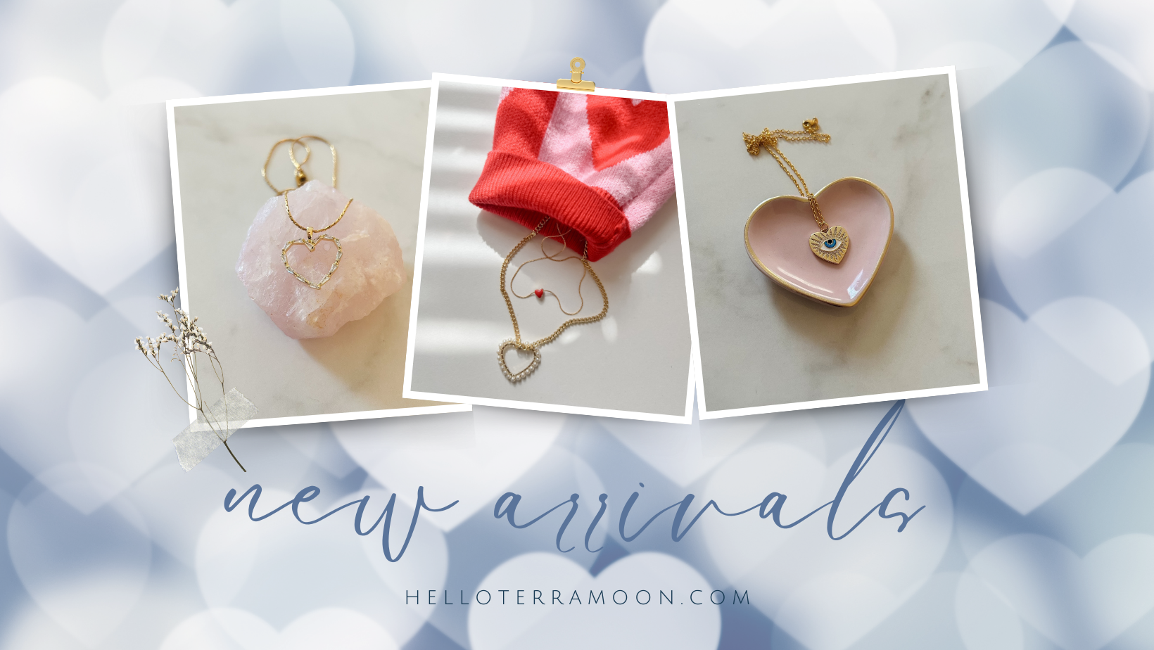 Three jewelry items displayed on a light blue background with 'new arrivals' text and website URL.